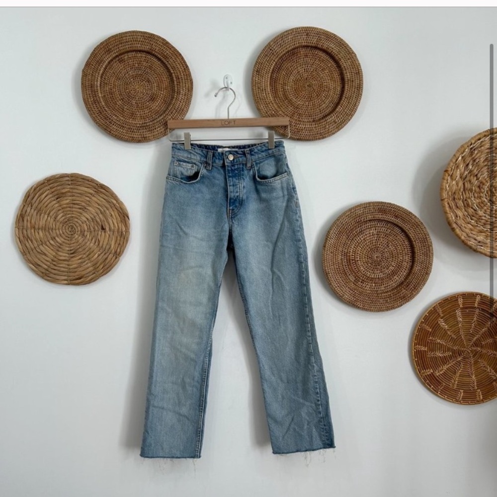 Zara Light Denim Wash Raw Edge High Rise Button Fly Straight Leg Jeans  2